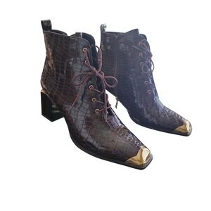Ninety Union Burgundy Croc Patent Lace Up Ankle Boots Gold Metal Square Toe